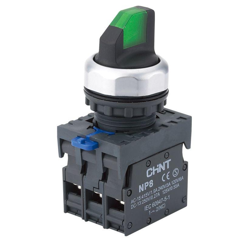 Переключатель с подсветкой NP8-20XD/314 3 полож. фикс. зел. AC/DC 24В(LED) 2НО IP65 (R) CHINT 667196