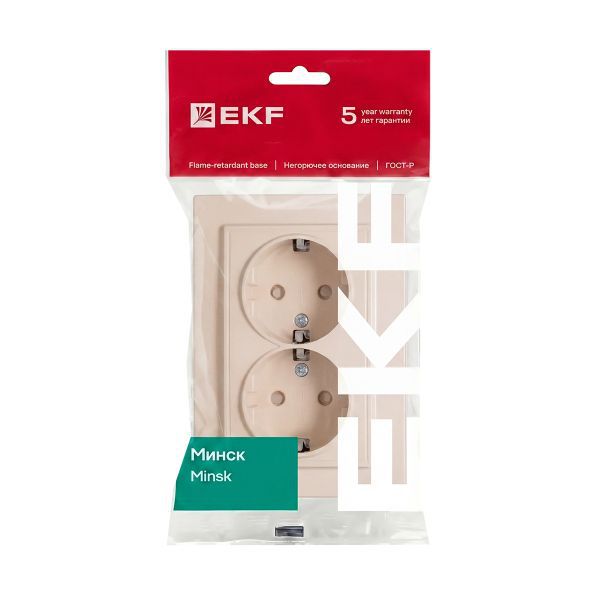 Розетка 2-м СП Минск 16А IP20 с заземл. защ. шторки беж. EKF ERR16-128-200