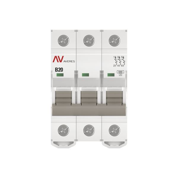 Выключатель автоматический модульный 3п B 20А 6кА AV-6 AVERES EKF mcb6-3-20B-av