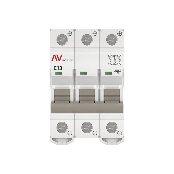 Выключатель автоматический модульный 3п C 13А 6кА AV-6 AVERES EKF mcb6-DC-3-13C-av