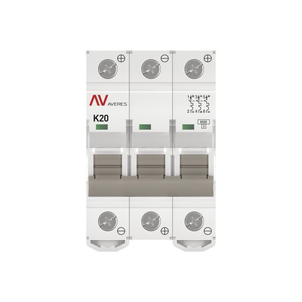 Выключатель автоматический модульный 3п K 20А 6кА AV-6 DC AVERES EKF mcb6-DC-3-20K-av