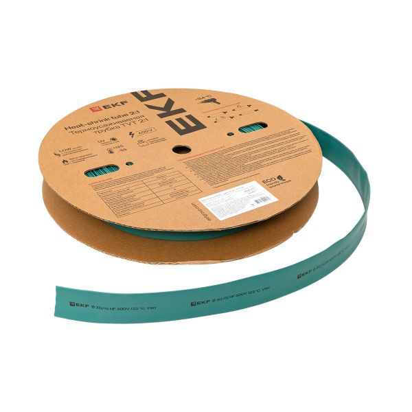 Трубка термоусадочная ТУТ нг 40/20 зел. (уп.50м) EKF tut-40-j