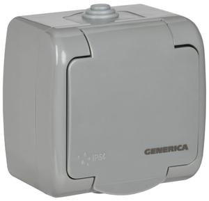 Розетка 1-м ОП AQUATIC РСш12-2-А 16А IP54 с заземл. с крышкой GENERICA ERA12-K03-16-54