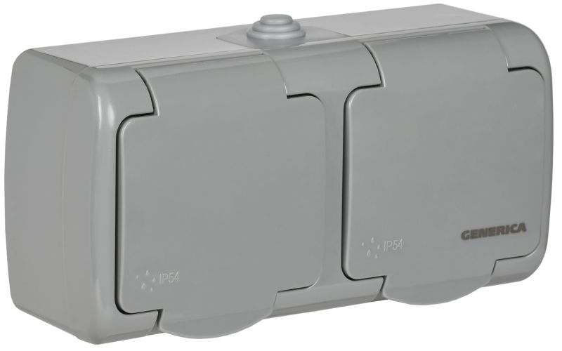 Розетка 2-м ОП AQUATIC РСш22-2-А 16А IP54 с заземл. с крышкой GENERICA ERA22-K03-16-54