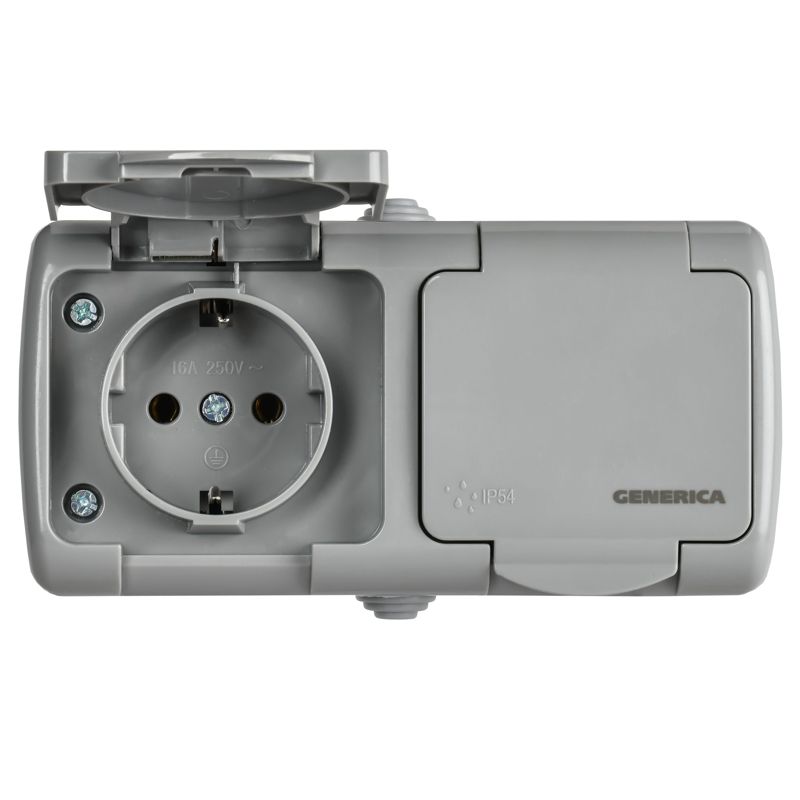 Розетка 2-м ОП AQUATIC РСш22-2-А 16А IP54 с заземл. с крышкой GENERICA ERA22-K03-16-54