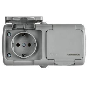 Розетка 2-м ОП AQUATIC РСш22-2-А 16А IP54 с заземл. с крышкой GENERICA ERA22-K03-16-54