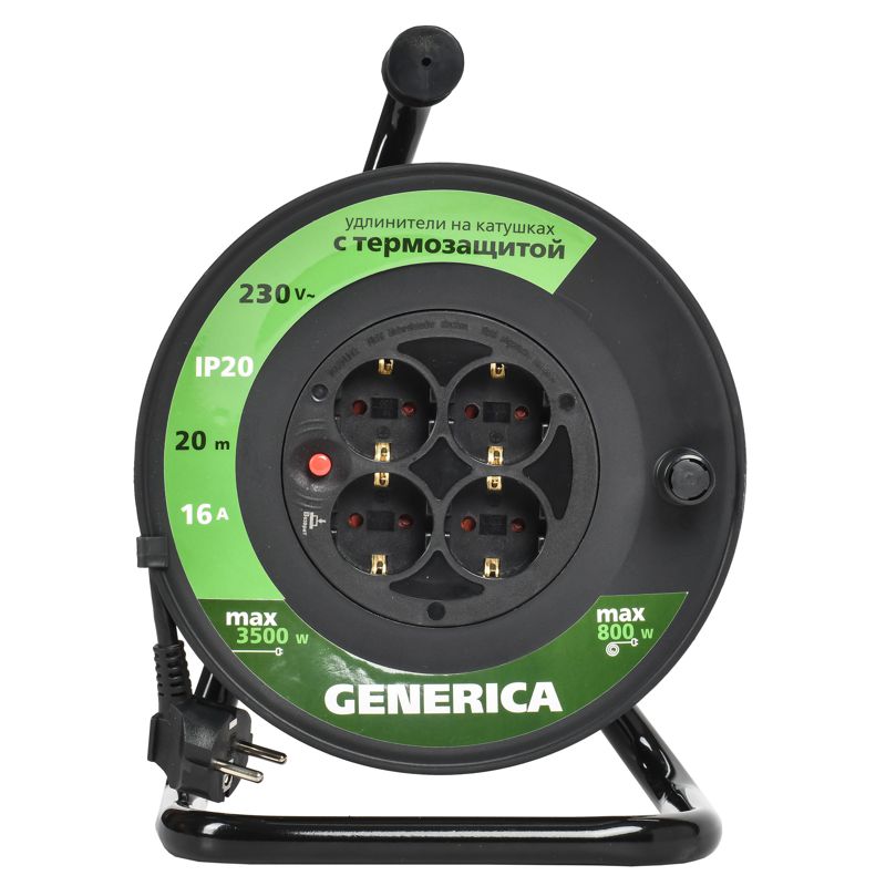 Удлинитель на катушке 4х20м 16А IP20 УК20 2P+PE 3х1.5 термозащита GENERICA WKP20-16-04-20-G