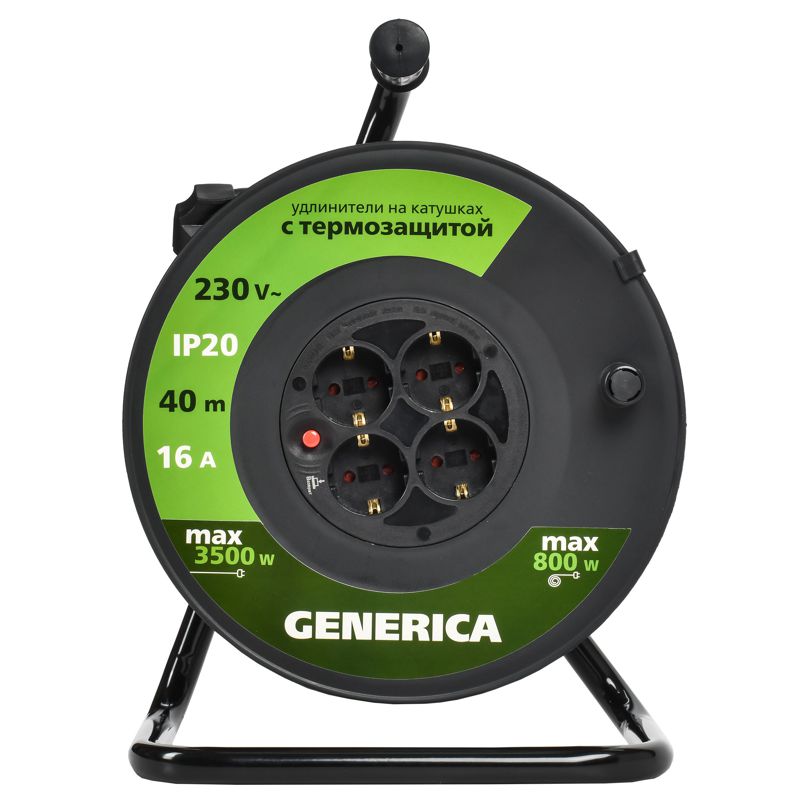 Удлинитель на катушке 4х40м 16А IP20 УК40 2P+PE 3х1.5 термозащита GENERICA WKP20-16-04-40-G