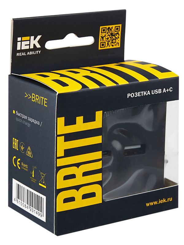 Розетка BRITE USB A+C 18Вт РЮ11-1-БрГ механизм графит IEK BR-U22-018-K53