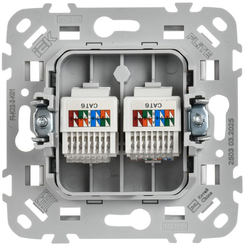 Розетка компьютерная 2-м СП FLITE РК6-2-0-ФлБ RJ45 кат.6 UTP механизм бел. IEK FI-K22-2-K01