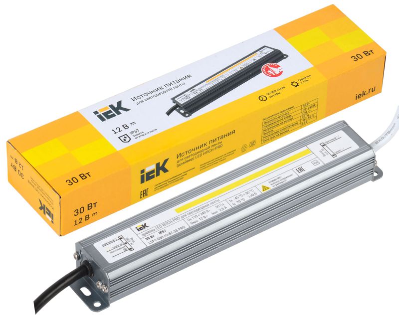 Драйвер LED ИПСН-PRO 5050 30Вт 12В блок-шнуры IP67 IEK LSP1-030-12-67-33-PRO