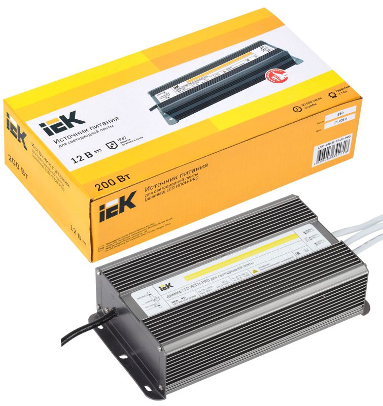 Драйвер LED ИПСН-PRO 5050 200Вт 12В блок-шнуры IP67 IEK LSP1-200-12-67-33-PRO