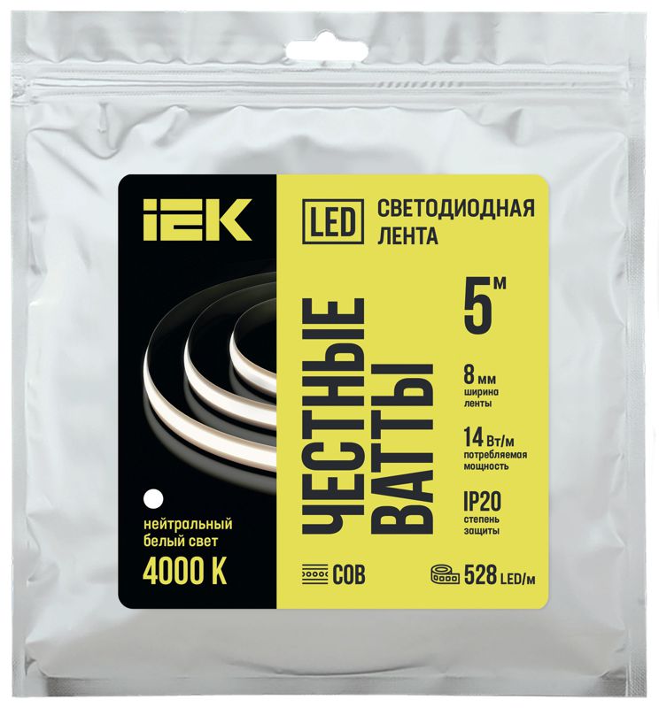 Лента светодиодная COB-528LED freecut 14Вт/м IP20 24В 4000К (уп.5м) IEK LSR11-10-528-20-05