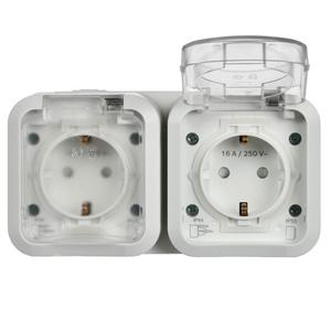 Розетка 2-м ОП TORS TS322 16А IP55 горизонт. с заземл. с крышкой бел. IEK TS-R26-16-55-G-K01