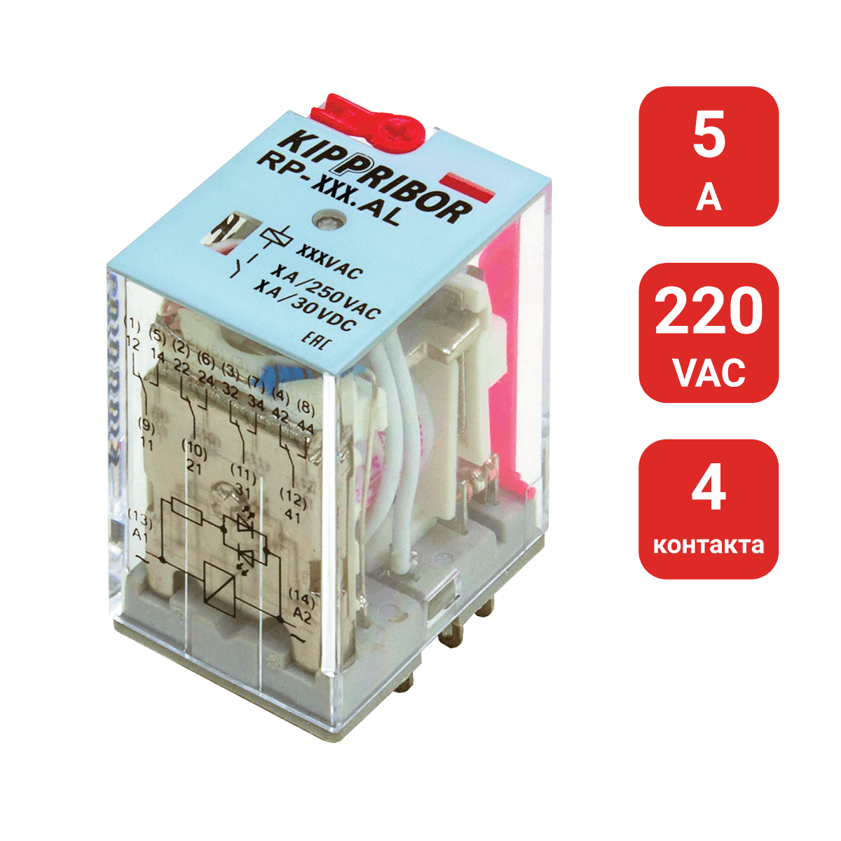 4-конт. реле, 220VAC, ток 5А, LED-индикатор