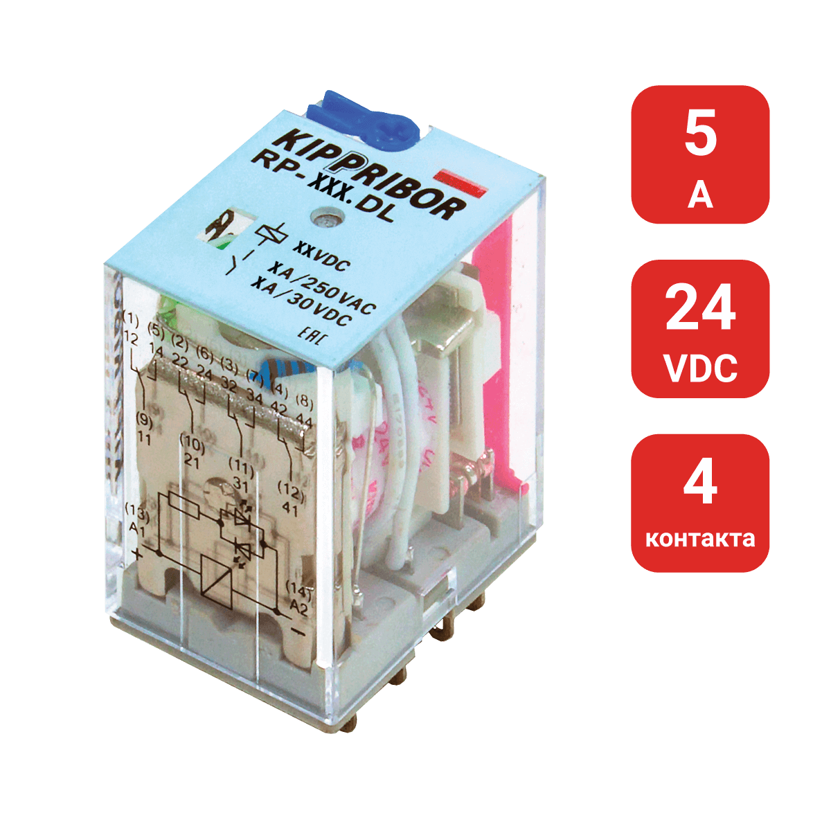 4-конт. реле, 24VDC, ток 5А, LED-индикатор