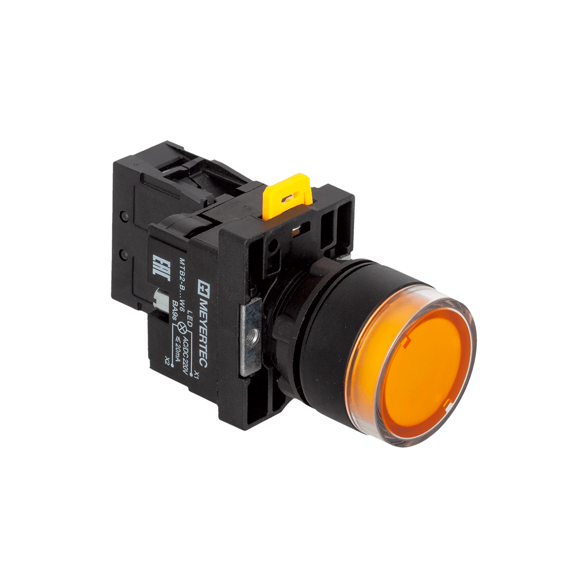 Кнопка желтая с подсветкой, 1NO, 220V AC/DC, IP54, пластик