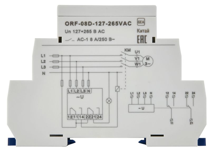 Реле фаз ORF-08D 3ф 2 конт. 127-265В AC с контр. нейтр. ONI ORF-08D-127-265VAC