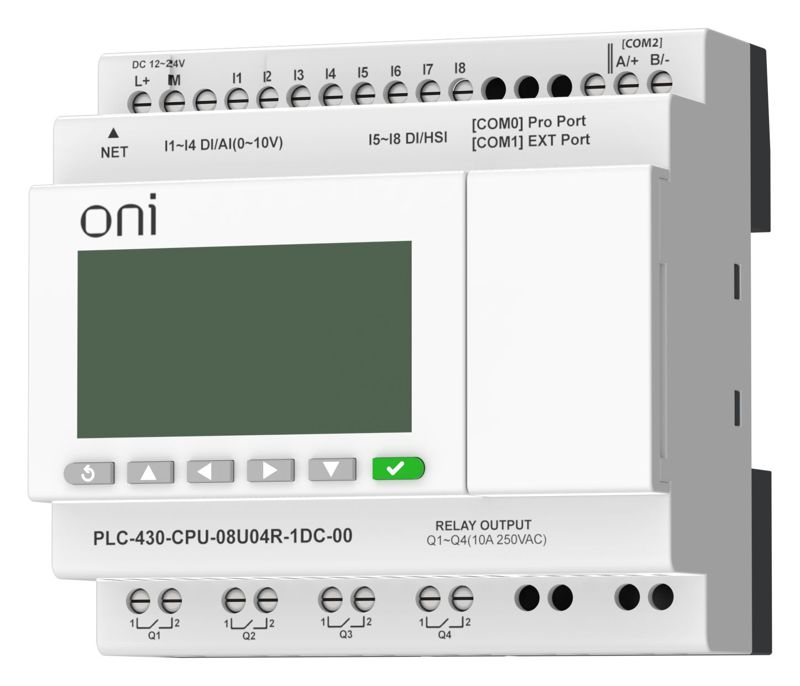 Модуль ЦПУ ПЛК 430 4 DI 4 UI (0-10В/DI) 4 RO 24В DC с Ethernet портом с экраном ONI PLC-430-CPU-08U04R-1DC-00