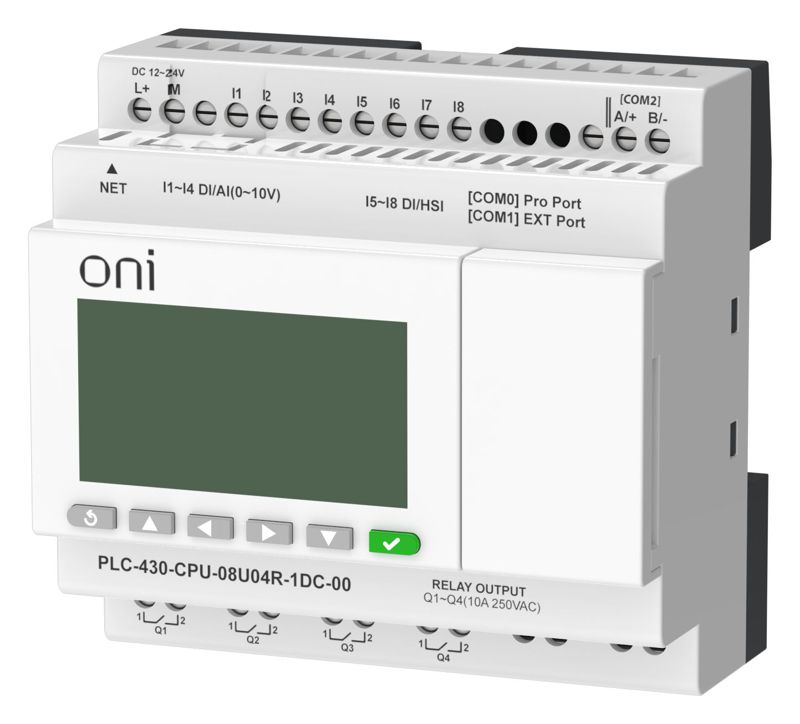 Модуль ЦПУ ПЛК 430 4 DI 4 UI (0-10В/DI) 4 RO 24В DC с Ethernet портом с экраном ONI PLC-430-CPU-08U04R-1DC-00