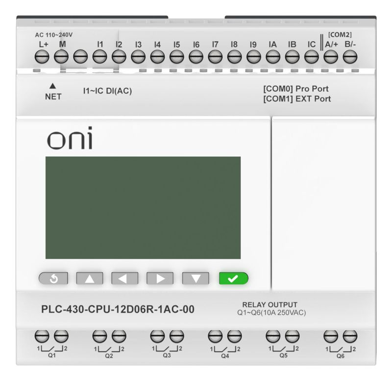 Модуль ЦПУ ПЛК 430 12 DI 6 RO 220В AC с Ethernet портом с экраном ONI PLC-430-CPU-12D06R-1AC-00
