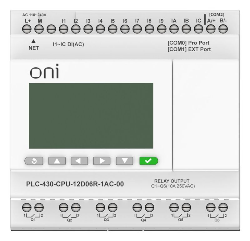 Модуль ЦПУ ПЛК 430 12 DI 6 RO 220В AC с Ethernet портом с экраном ONI PLC-430-CPU-12D06R-1AC-00