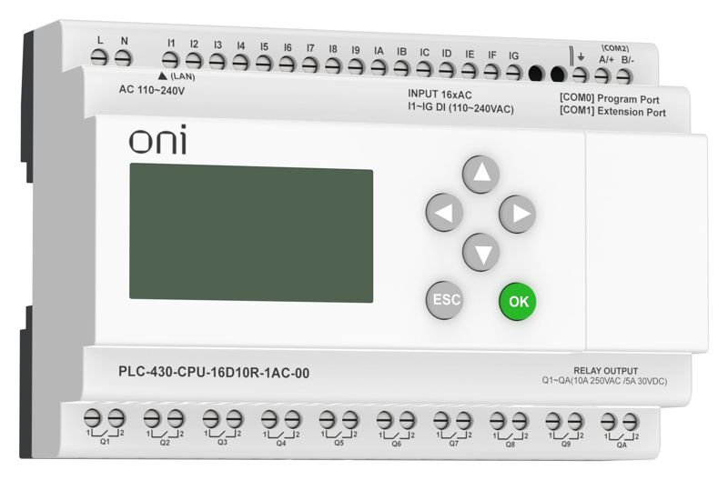 Модуль ЦПУ ПЛК 430 16 DI 10 RO 220В AC с Ethernet портом с экраном ONI PLC-430-CPU-16D10R-1AC-00
