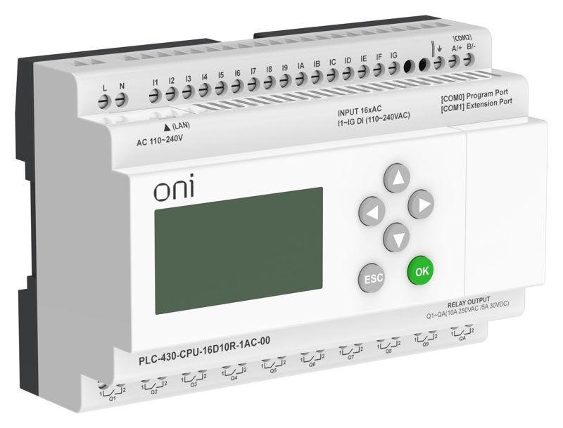 Модуль ЦПУ ПЛК 430 16 DI 10 RO 220В AC с Ethernet портом с экраном ONI PLC-430-CPU-16D10R-1AC-00