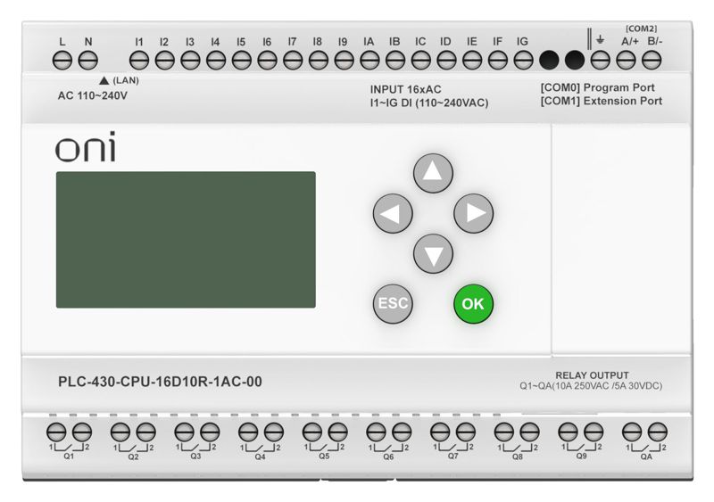 Модуль ЦПУ ПЛК 430 16 DI 10 RO 220В AC с Ethernet портом с экраном ONI PLC-430-CPU-16D10R-1AC-00