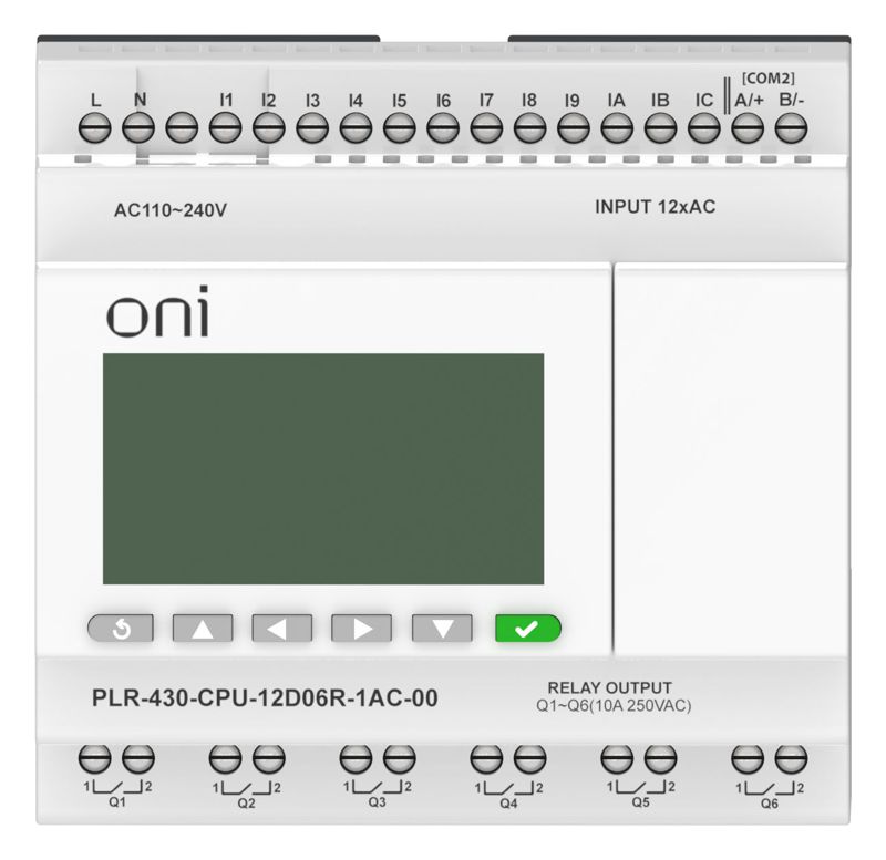 Модуль ЦПУ ПЛК 430 12 DI 6 RO 220В AC с экраном ONI PLR-430-CPU-12D06R-1AC-00
