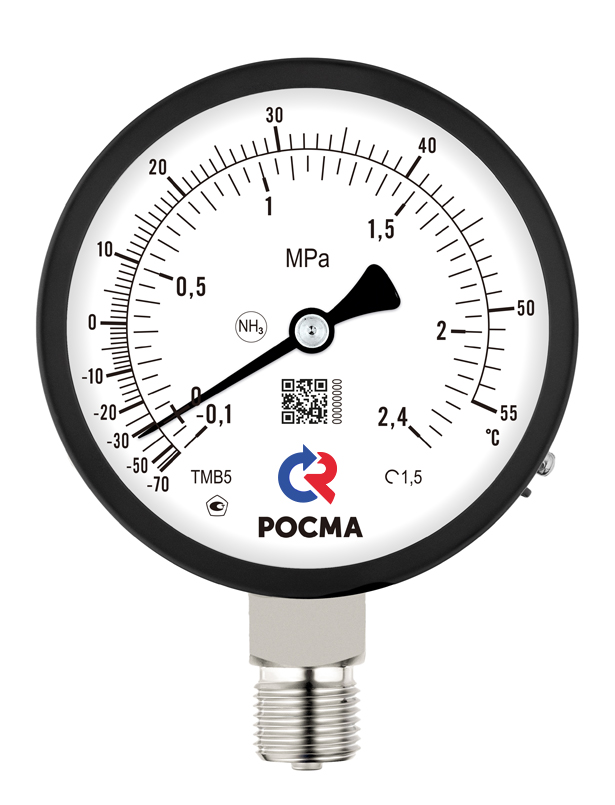 ТМВ-511Р.00(-0,1-0,9MPa)/(-70-+20°C)G1/2.1,5.NH3.Двойная шкала